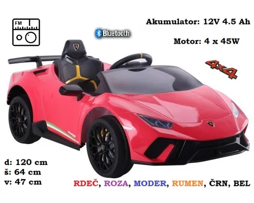 Lamborghini Huracan 4x4 + bluetooth, FM radio (roza, moder, rumen, črn, rdeč, bel)