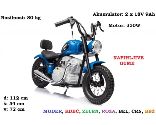 Otroški motor A9902 na akumulator 36V, 350W (moder, rdeč, roza, zelen, črn, bel, bež)