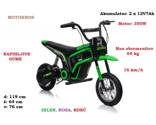 Otroški motokros SX2328 350W (zelen, roza, rdeč) 16 km/h; max 65 kg
