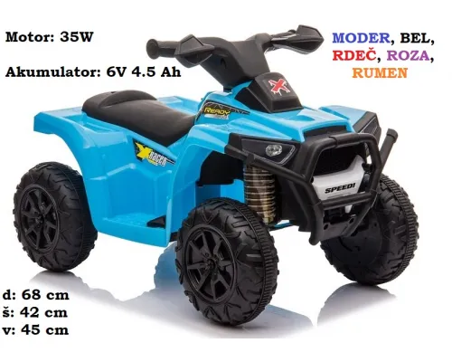 Otroški štirikolesnik XH116 na akumulator (moder, rdeč, roza, rumen, bel)