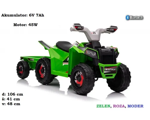 Štirikolesnik s prikolico na akumulator 6V 7Ah - XMX630T (zelen, roza, moder)