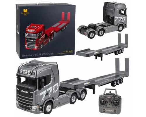 Profesionalni RC vlačilec Scania 770S s tovorno prikolico Huina 1501/1502 1:18 srebrni